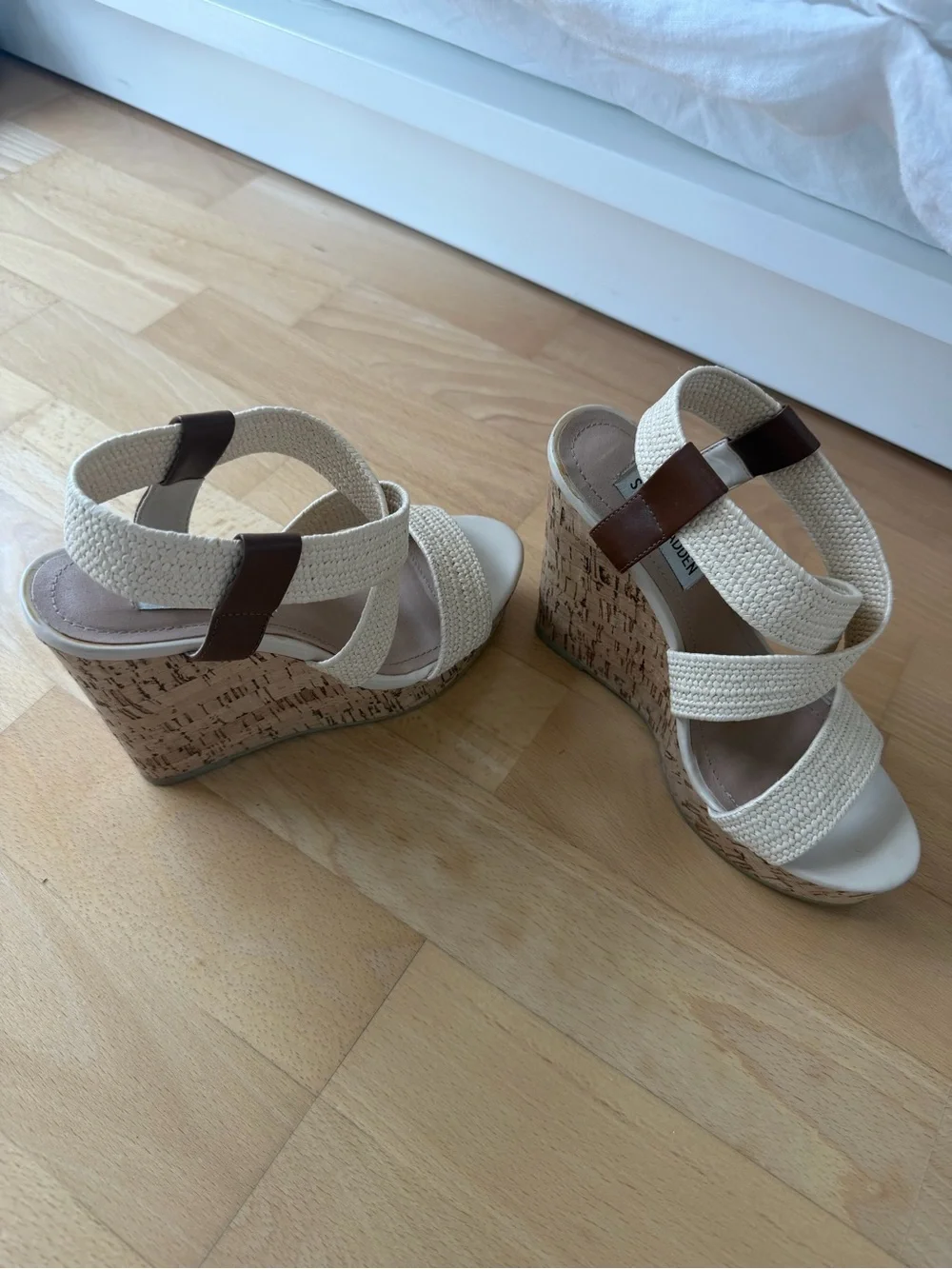 Steve Madden Cream Woven Strap Wedge Sandals with Brown Accent